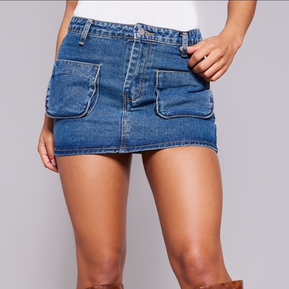 Pretty Little Thing Indigo Vintage Wash Cargo Pocket Front Denim Mini Skirt US 2 - Picture 7 of 11